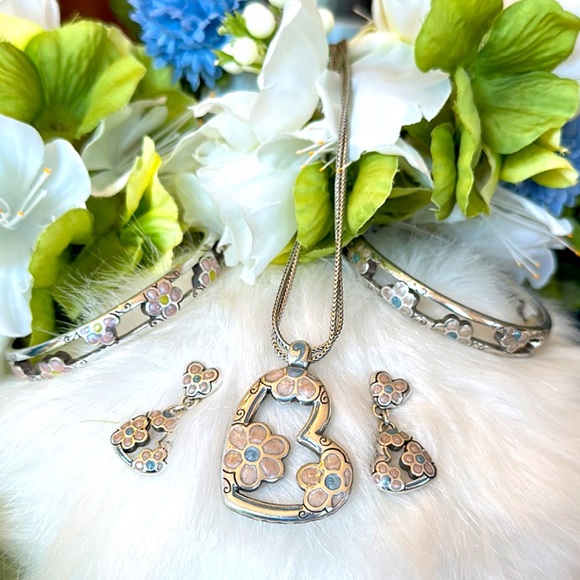 Brighton FLOWER POWER Pink blue lime Retro design Necklace 2 Bracelets Earrings - Picture 3 of 16